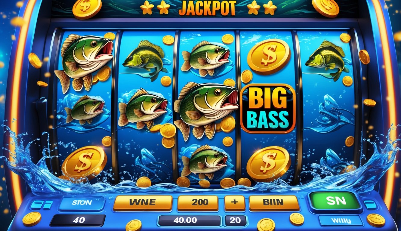 Gambar close-up mesin slot dengan tema memancing ikan bass besar, menampilkan simbol ikan, alat pancing, dan koin emas di latar air biru.
