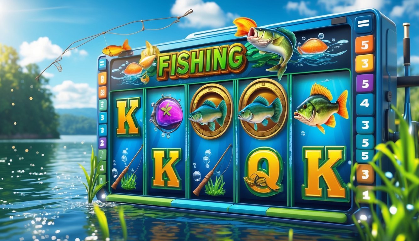 Layar permainan slot online dengan tema memancing ikan bass besar di latar danau yang tenang dan pepohonan hijau.