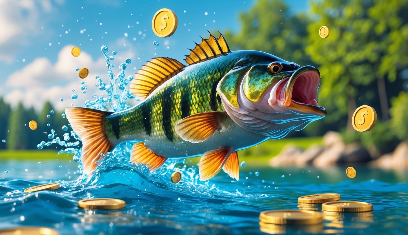 Ikan bass besar melompat keluar dari air di danau dengan latar pepohonan hijau dan langit biru.