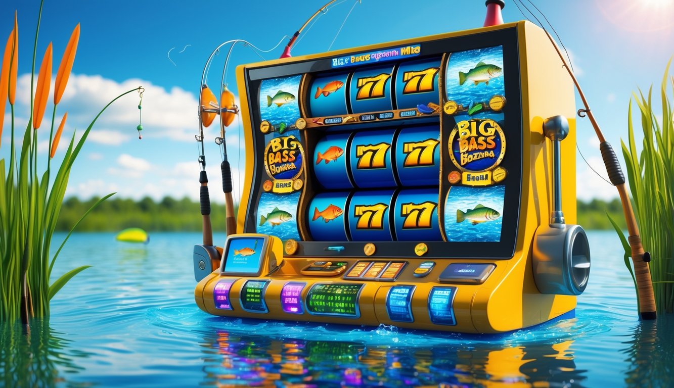 Mesin slot bertema memancing dengan gambar ikan bass besar dan suasana danau yang cerah.