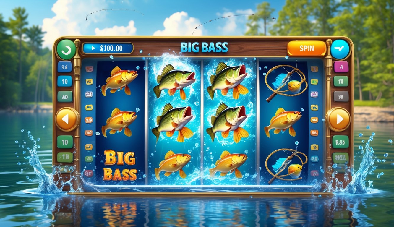 Layar permainan slot online dengan tema memancing ikan bass besar di danau yang tenang.