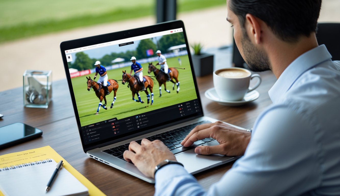 Seseorang duduk di depan laptop yang menampilkan pertandingan polo, fokus pada aktivitas taruhan online.