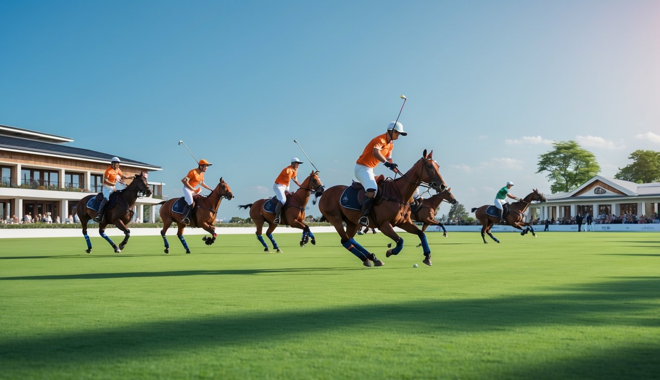 Pertandingan polo dengan pemain berkuda di lapangan hijau dan penonton di latar belakang.