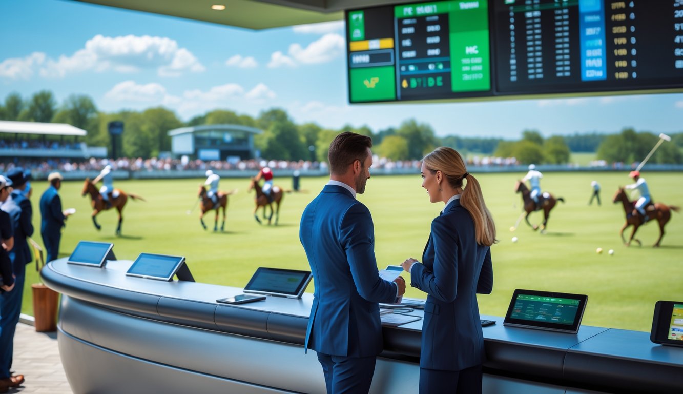 Orang-orang berdiri di dekat meja taruhan sambil melihat pertandingan polo yang sedang berlangsung di lapangan dengan kuda dan pemain.
