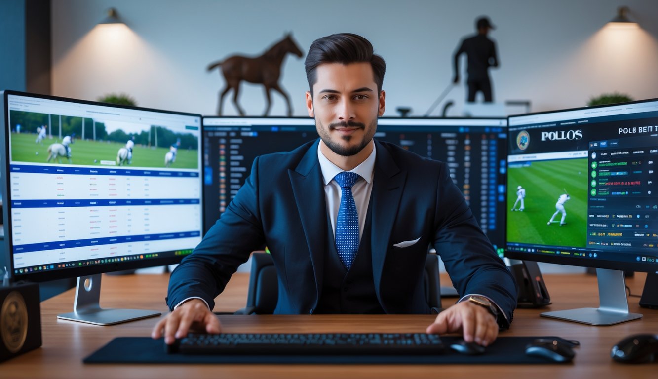 Seorang profesional sedang bekerja di depan beberapa layar komputer yang menampilkan statistik dan pertandingan polo online.