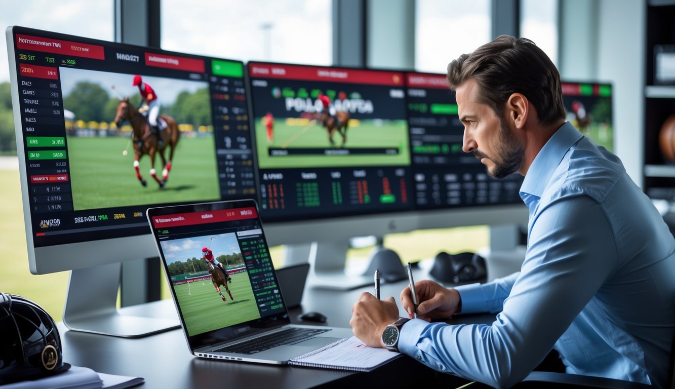 Seorang pria sedang menganalisis data taruhan polo di kantor dengan monitor besar yang menampilkan pertandingan polo dan statistik.