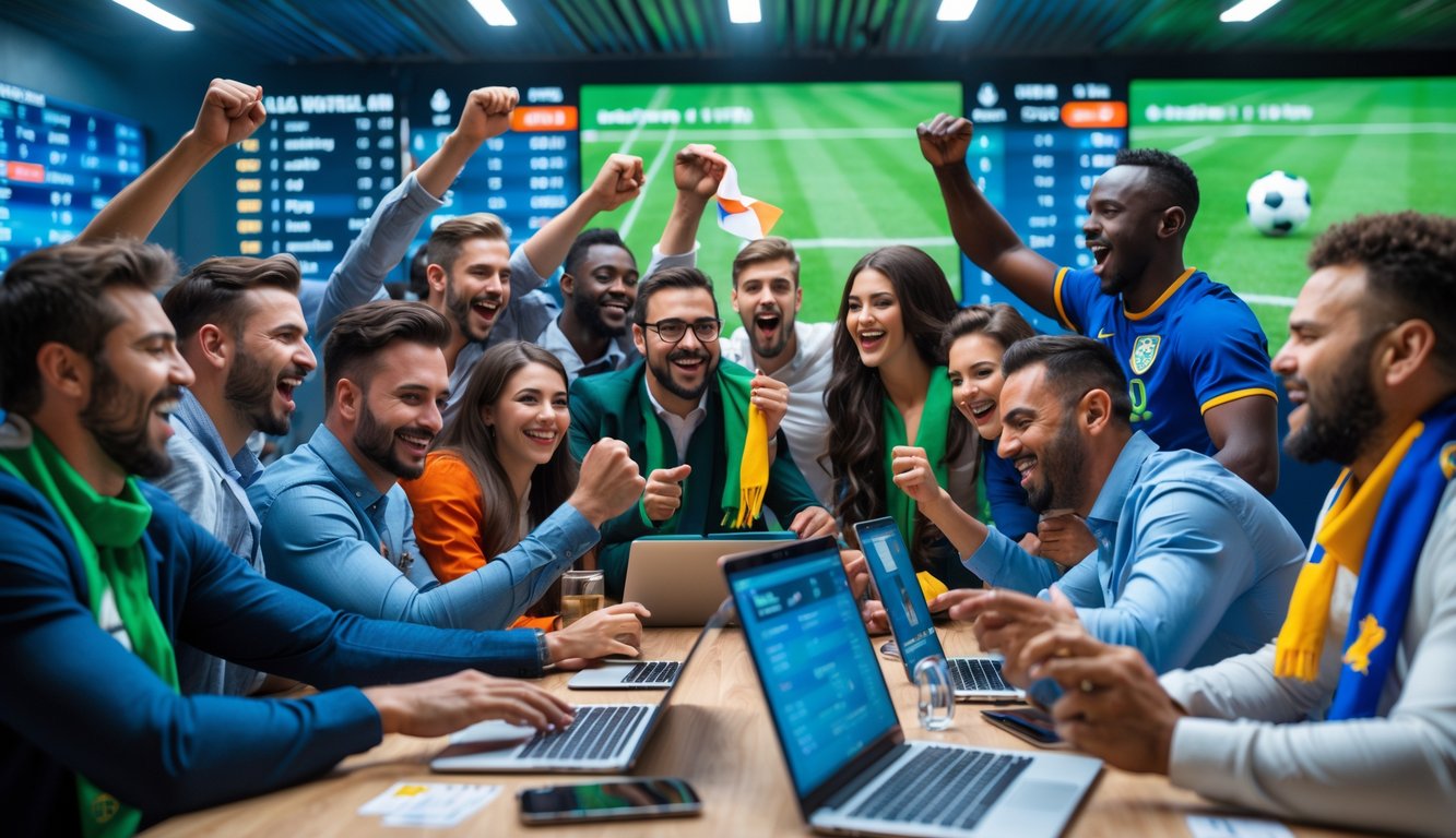 Sekelompok orang sedang memasang taruhan dan menonton pertandingan sepak bola Piala Dunia dengan antusias di sebuah ruangan modern.