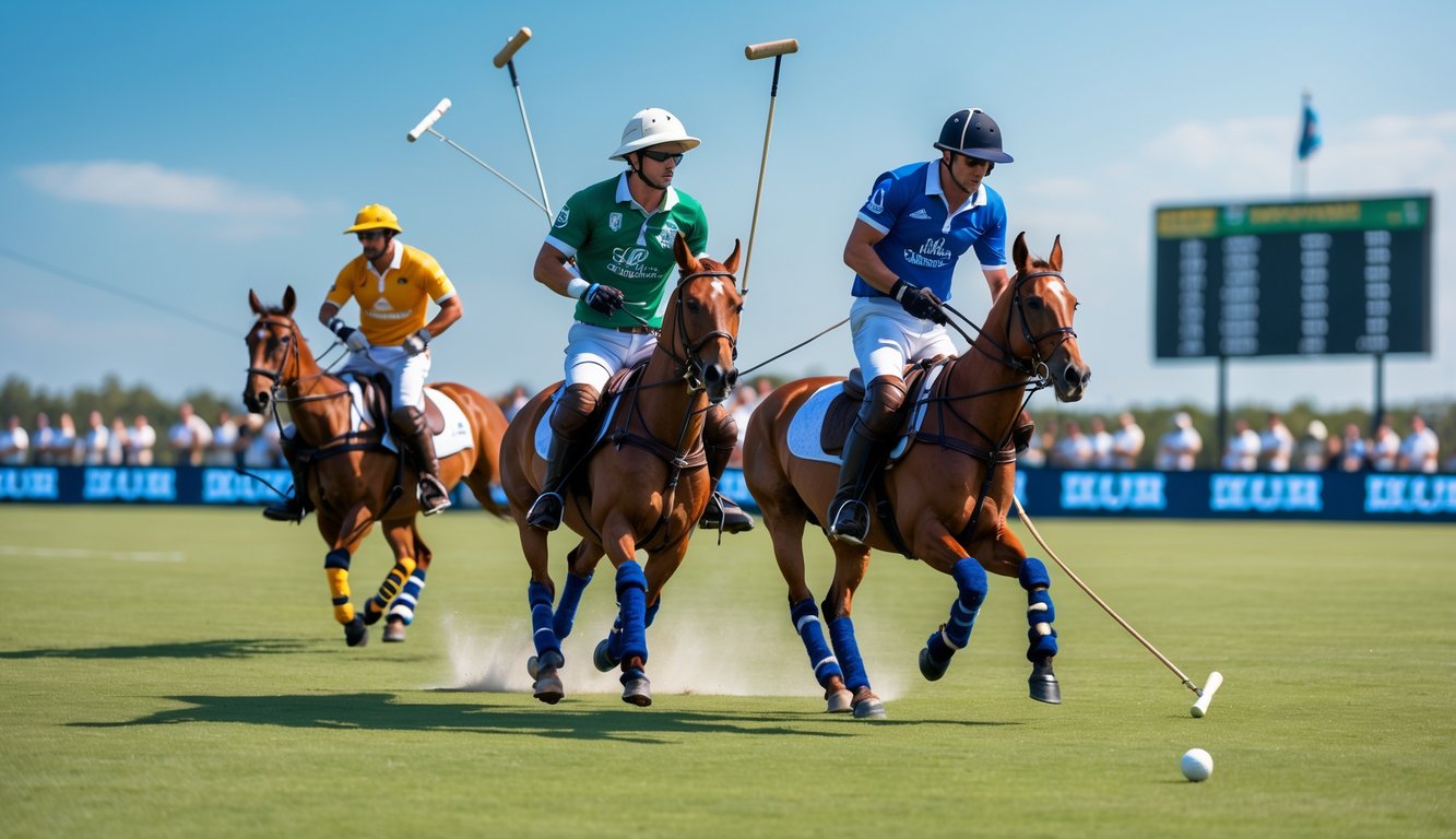 Dua pemain polo sedang berlaga di lapangan hijau dengan kuda yang berlari cepat, diiringi penonton di latar belakang.