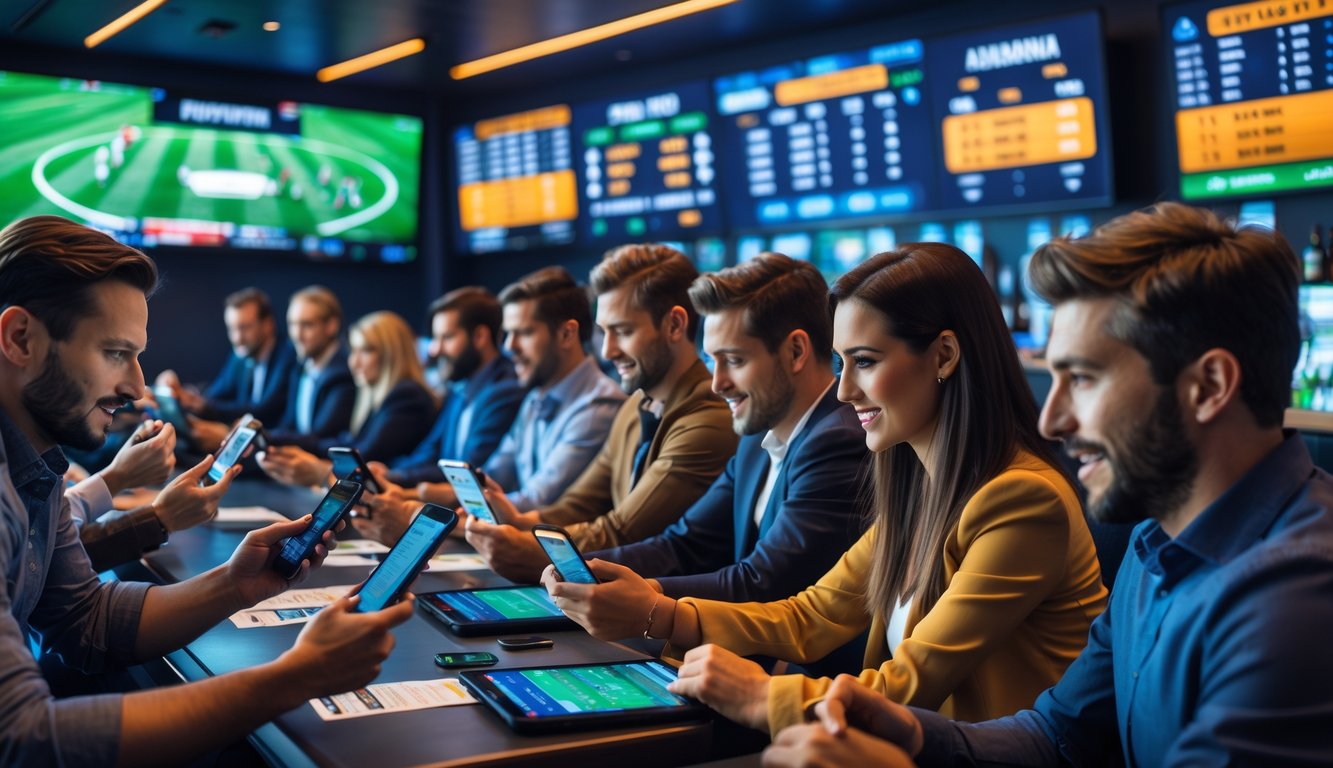 Sekelompok orang menggunakan perangkat digital untuk memasang taruhan langsung di sebuah bar olahraga modern dengan layar besar menampilkan pertandingan olahraga.