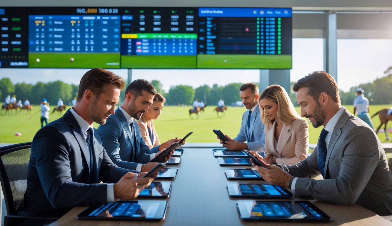 Orang-orang di kantor taruhan olahraga sedang memasang taruhan pada pertandingan polo yang terlihat di luar jendela.