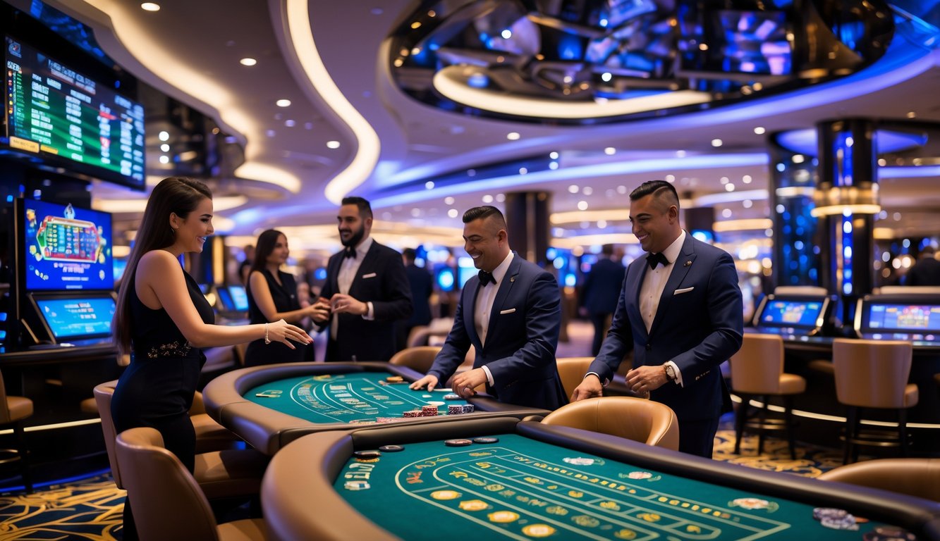 Suasana kasino modern dengan meja permainan langsung dan pemain yang sedang bermain bersama dealer dalam lingkungan mewah.