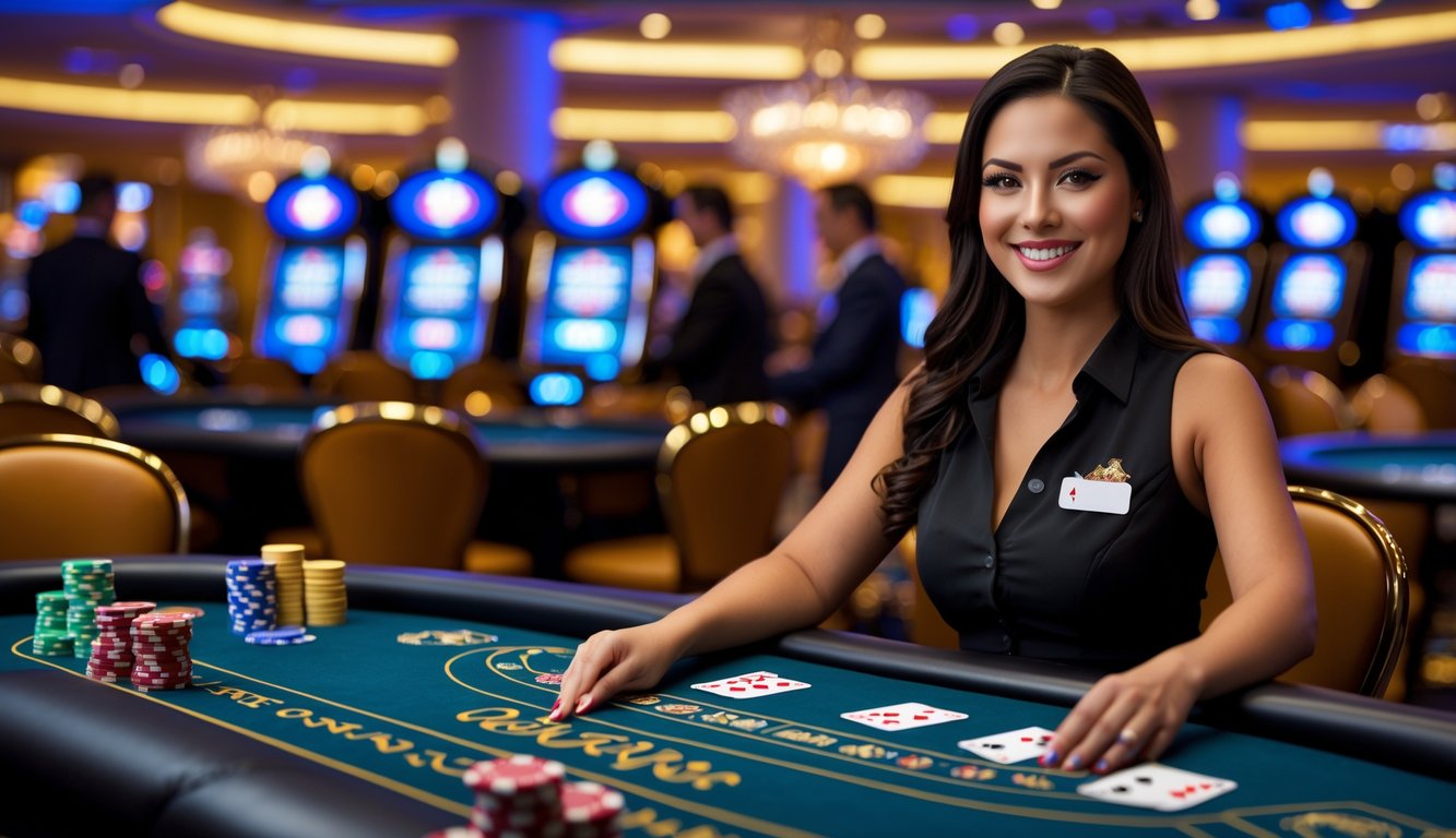 Seorang dealer profesional duduk di meja permainan kasino langsung dengan peralatan permainan dan suasana kasino yang ramai di latar belakang.