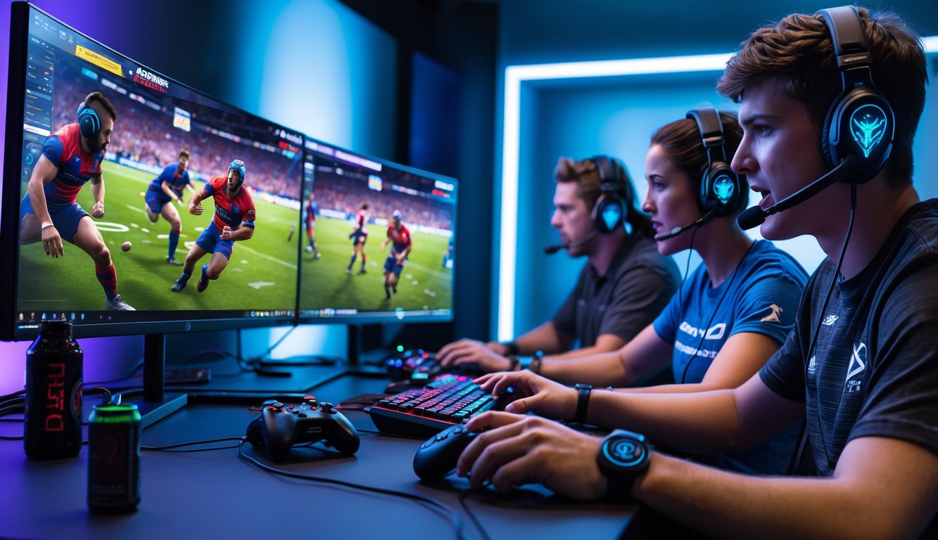 Dua orang muda sedang bermain game rugby esports secara online dengan fokus di depan komputer dalam ruangan dengan pencahayaan biru dan ungu.