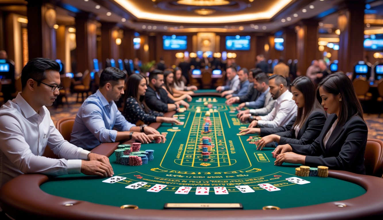 Lantai kasino mewah dengan berbagai meja permainan lengkap dan pemain serius yang fokus bermain.