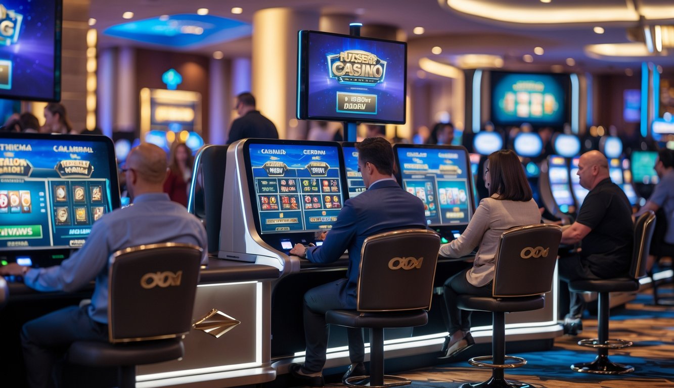 Suasana casino modern dengan pemain yang fokus bermain game live di layar streaming yang jernih dan stabil.