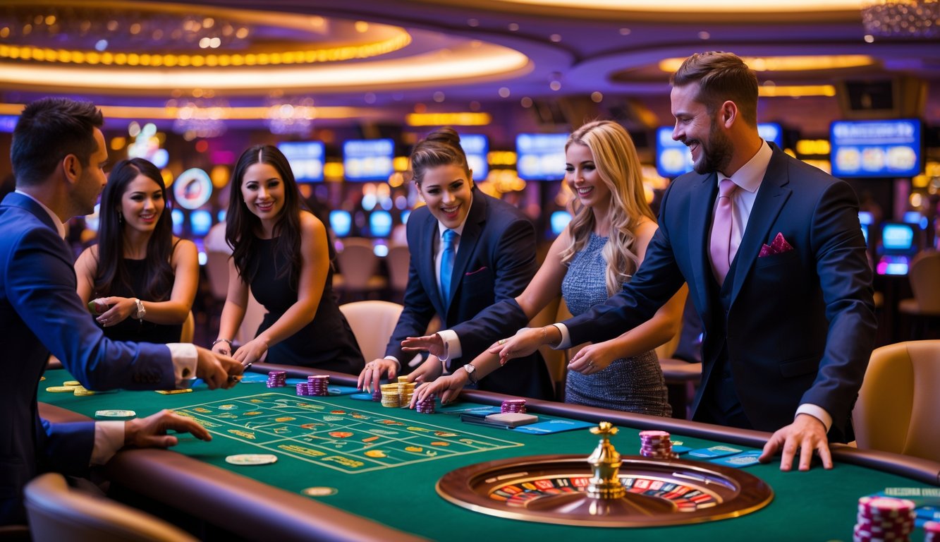 Suasana kasino modern dengan meja permainan langsung, dealer dan pemain yang berinteraksi di lingkungan yang ramai dan dinamis.