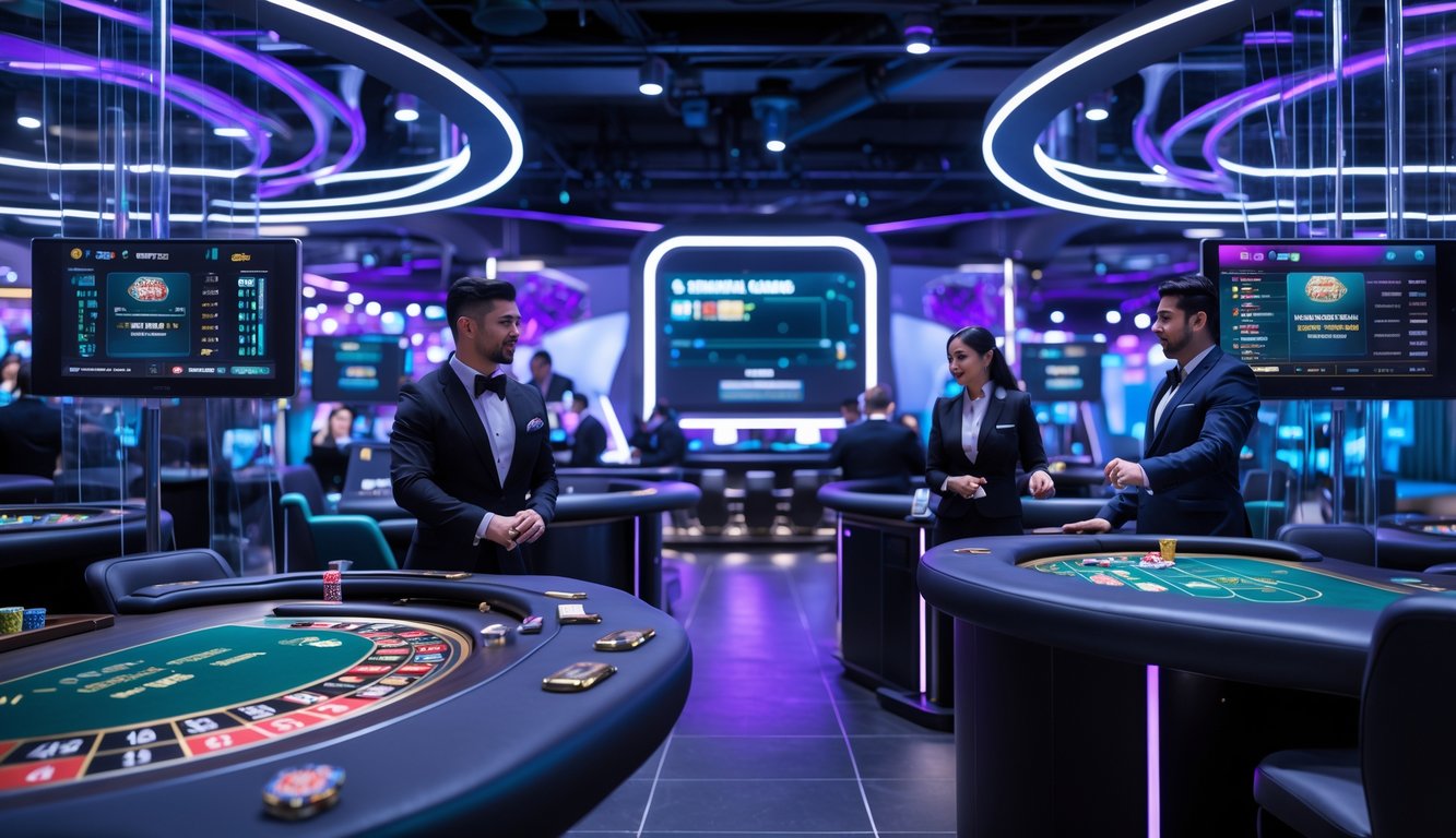 Suasana kasino modern dengan meja dealer langsung dan teknologi canggih untuk pengalaman bermain nyata.