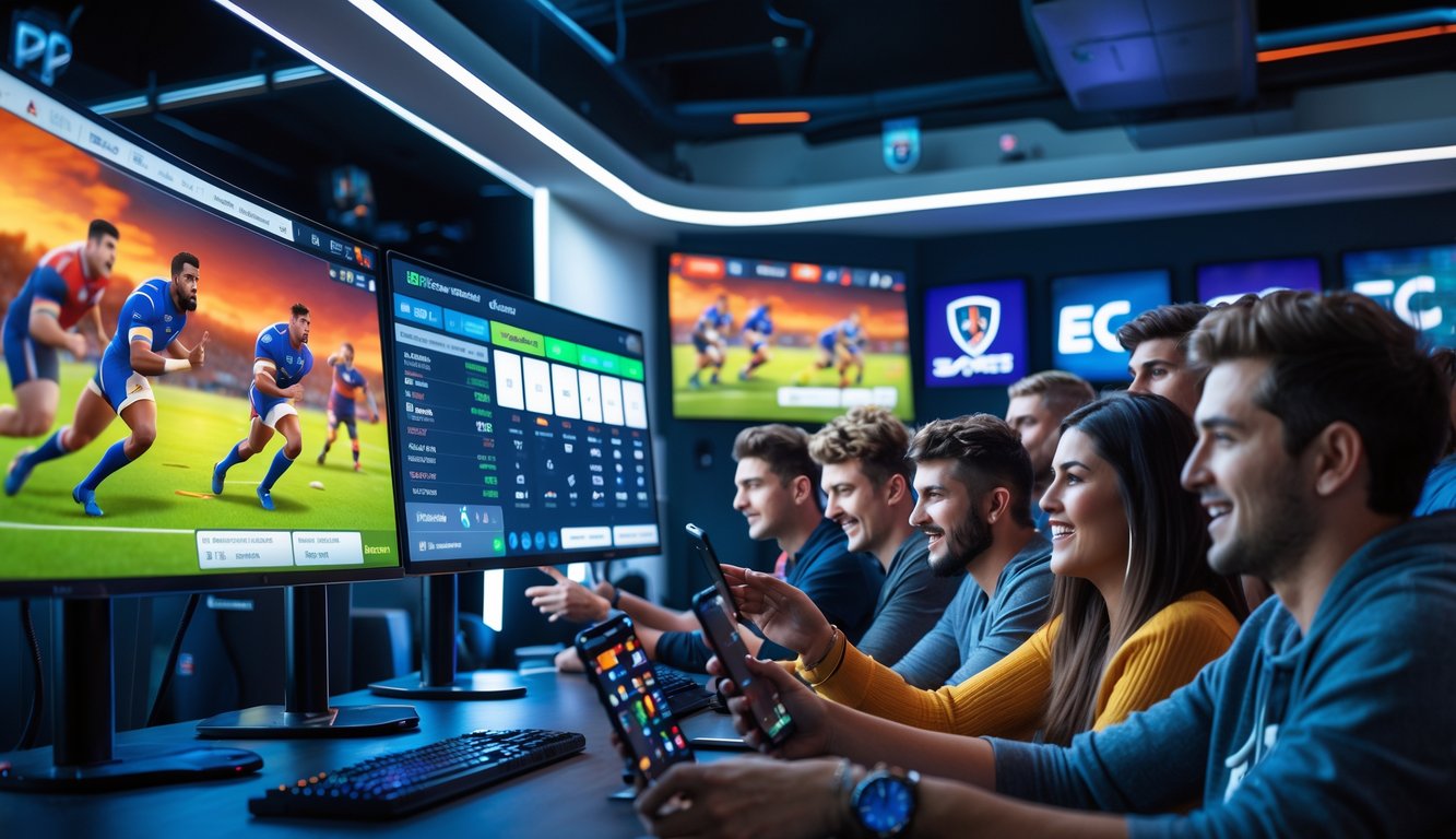 Sekelompok orang muda sedang menonton pertandingan rugby esports di beberapa layar komputer sambil memeriksa taruhan menggunakan perangkat digital di ruang gaming modern.