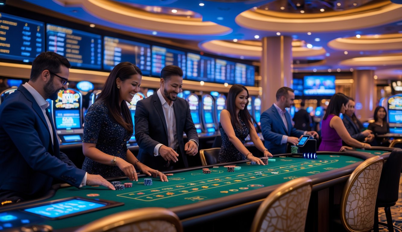 Suasana kasino modern dengan meja permainan langsung dan pemain serta dealer yang berinteraksi dalam lingkungan yang canggih dan interaktif.