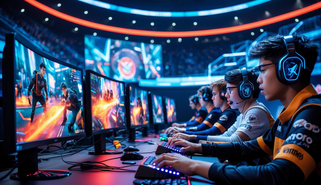 Sekelompok pemain muda sedang fokus bermain dalam turnamen e-sports online dengan latar belakang arena digital futuristik dan layar komputer besar.