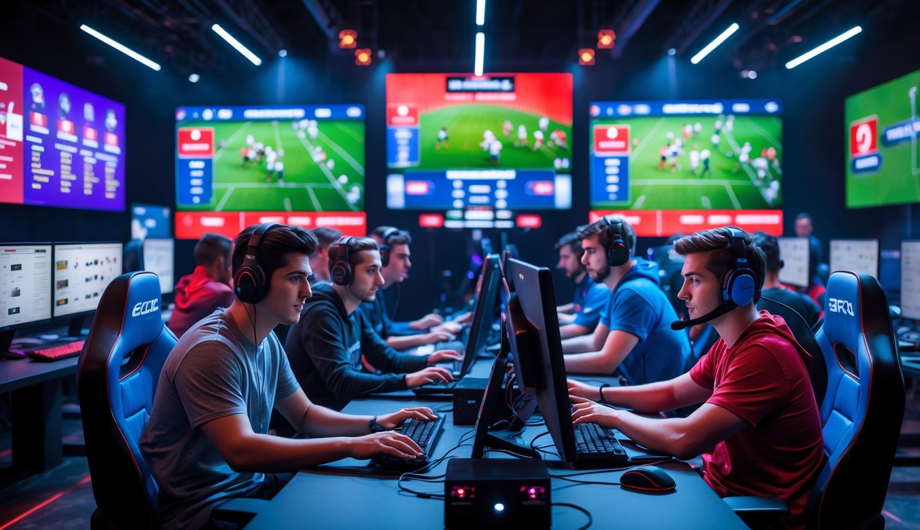 Sekelompok orang muda bermain game esports rugby dengan komputer di arena esports yang terang dan modern.