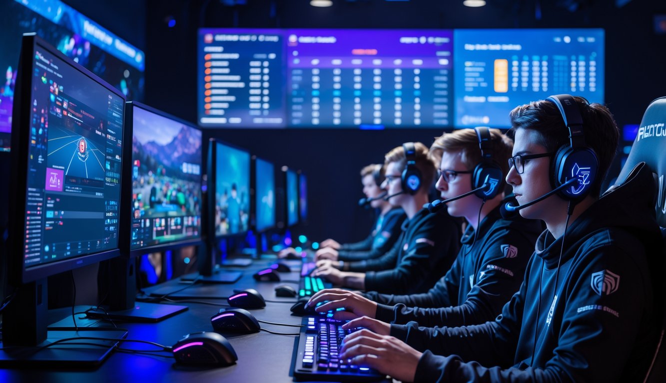 Sejumlah pemain e-sports sedang bermain game secara online dengan layar menampilkan permainan dan statistik secara real-time dalam ruangan berteknologi tinggi.