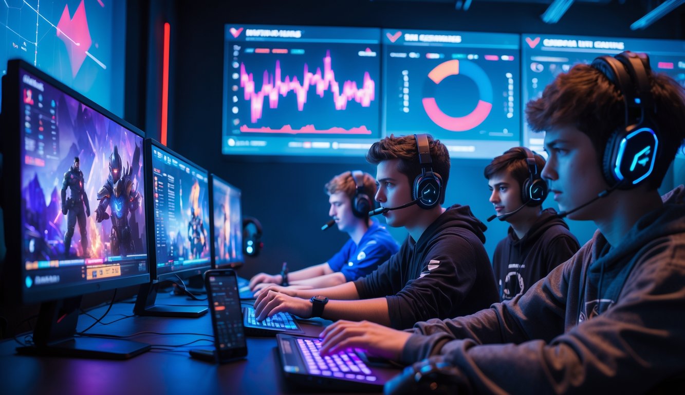 Sekelompok pemain e-sports sedang bermain game online dengan serius di ruang gaming modern yang dipenuhi layar dan lampu LED berwarna biru dan ungu.