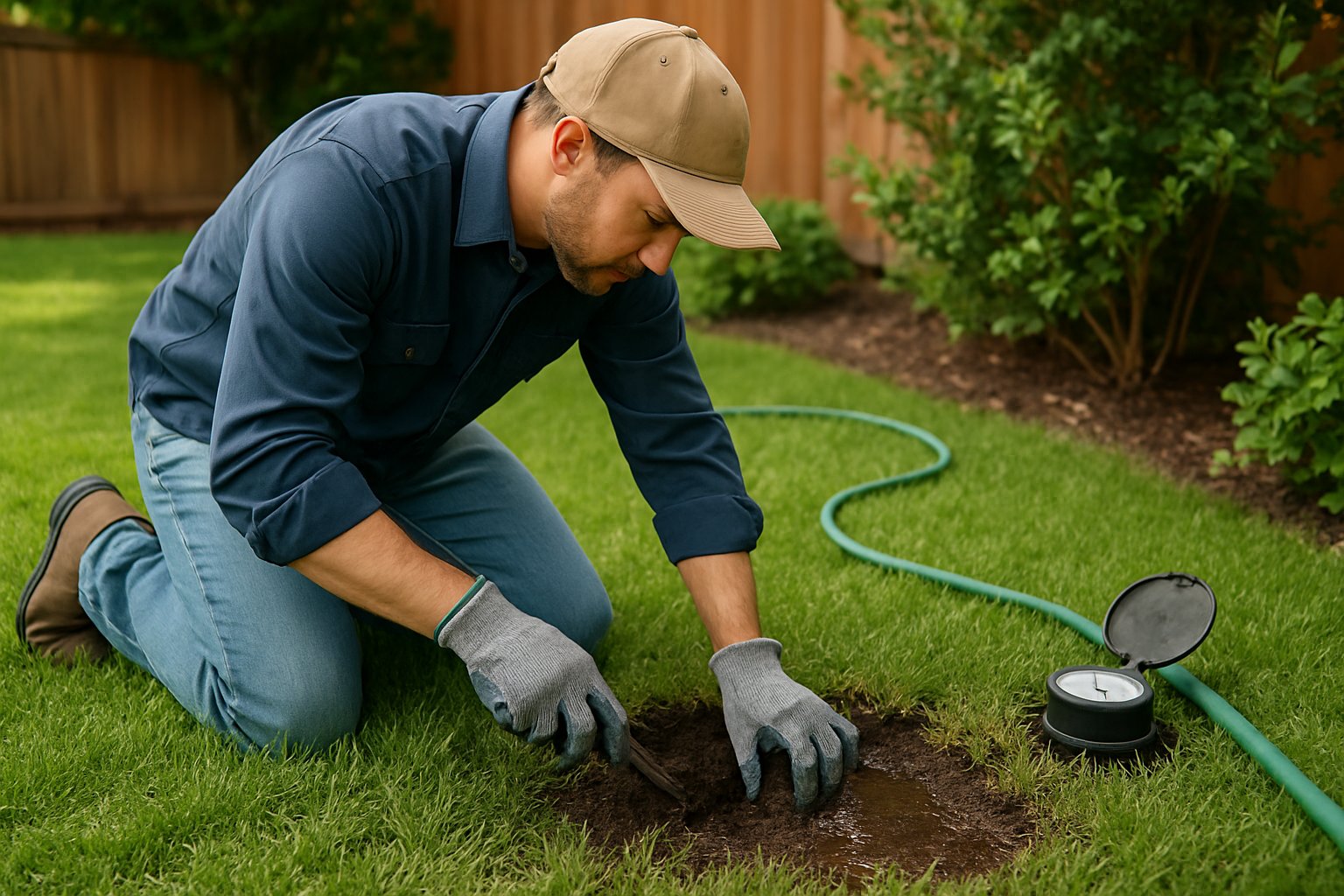 A person kneeling in a backyard inspecting the ground for a water leak near a wet patch of soil.