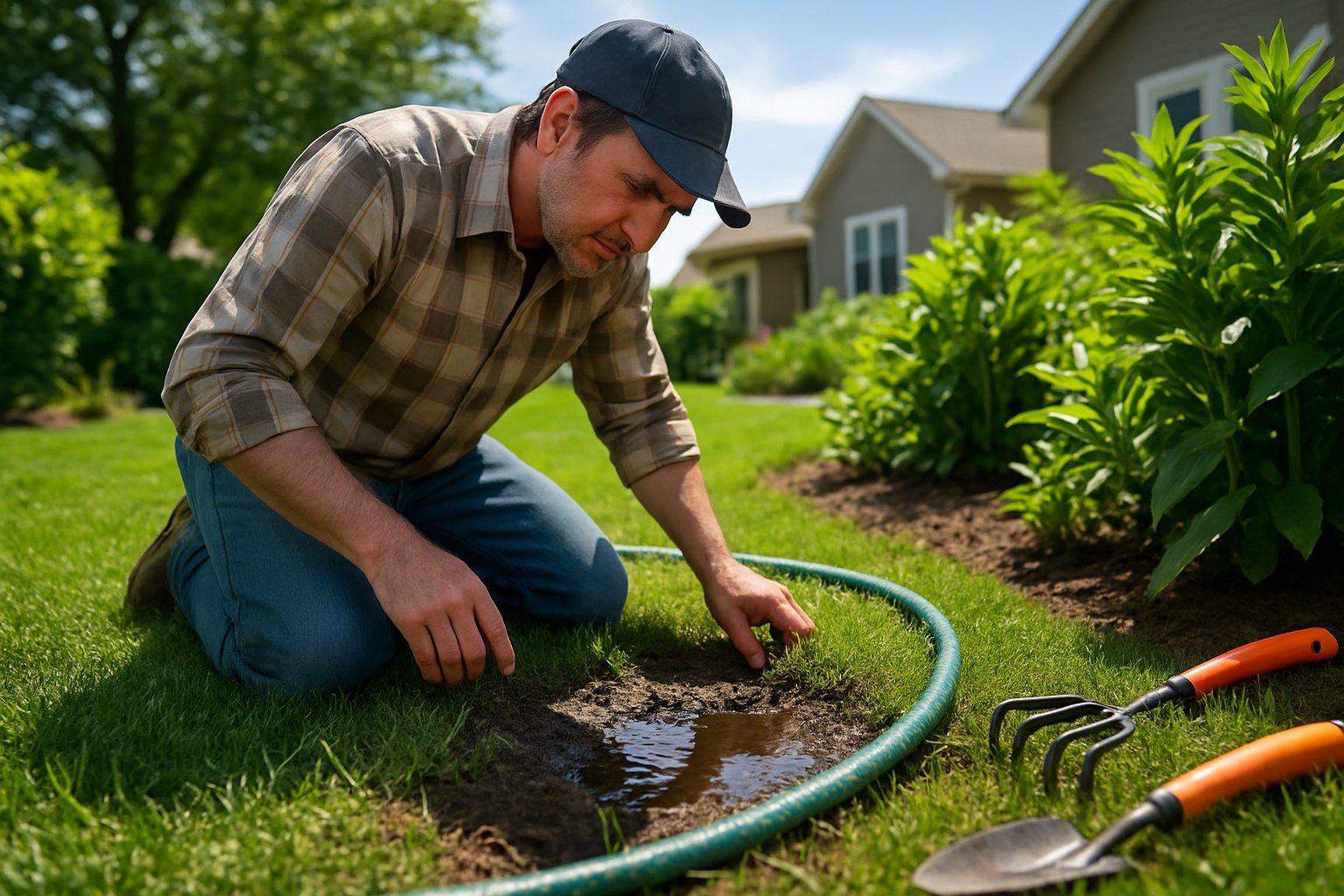 A person kneeling in a yard inspecting the ground near a small puddle of water and a garden hose.