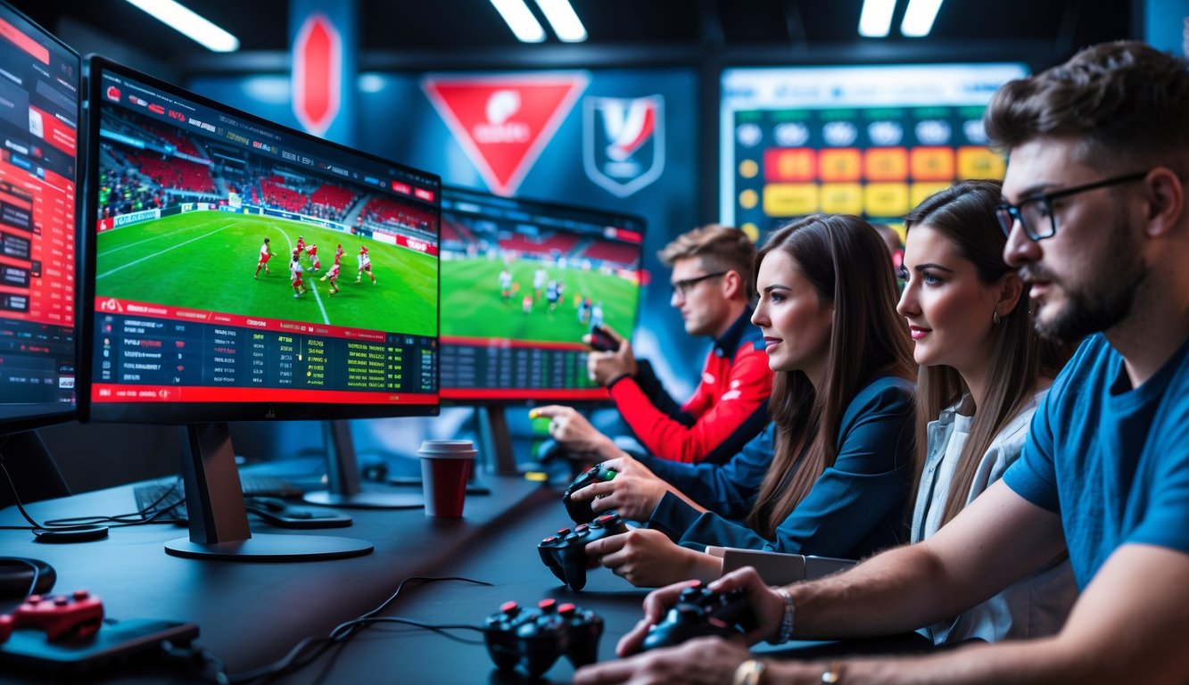 Sekelompok orang muda sedang bermain dan memasang taruhan pada pertandingan rugby esports di depan layar komputer.