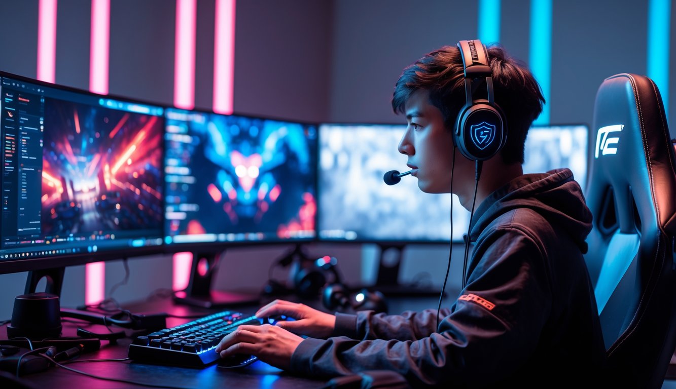 Seorang gamer muda dengan headset sedang bermain di depan beberapa monitor dengan pencahayaan LED di latar belakang.