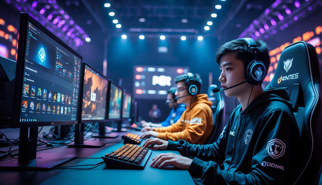 Sejumlah pemain e-sports sedang bermain game secara online dengan peralatan gaming modern di sebuah arena yang terang dengan lampu LED dan layar digital.
