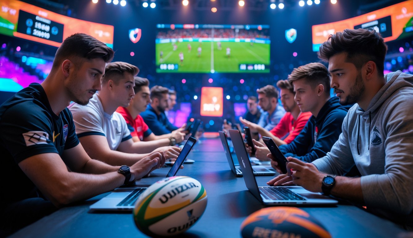 Beberapa orang muda sedang memasang taruhan secara langsung pada pertandingan rugby esports di sebuah arena modern dengan layar besar menampilkan permainan rugby digital.