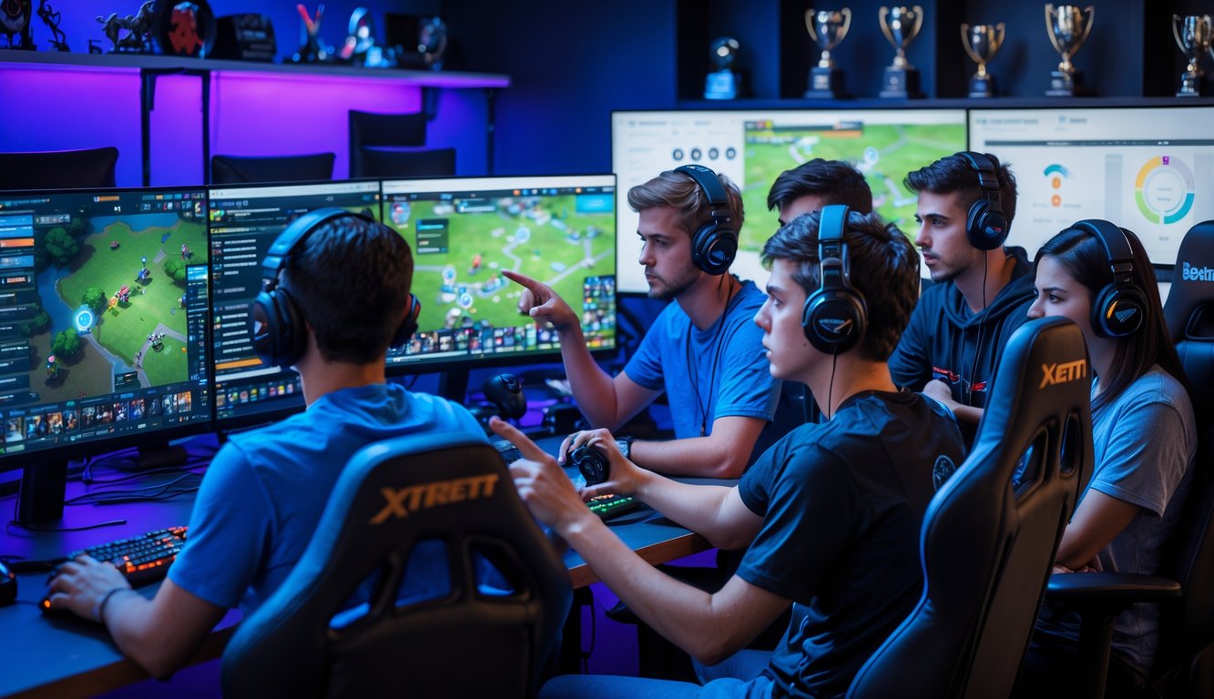Sekelompok pemain e-sports sedang berdiskusi dan menganalisis strategi tim di depan beberapa monitor dalam ruangan gaming yang modern.