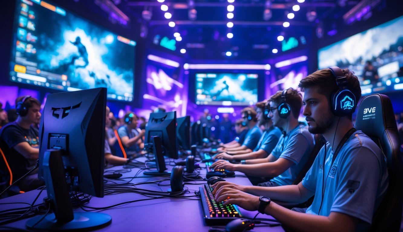 Sejumlah pemain game fokus bermain dalam arena e-sports yang terang dengan layar besar menampilkan permainan kompetitif di latar belakang.