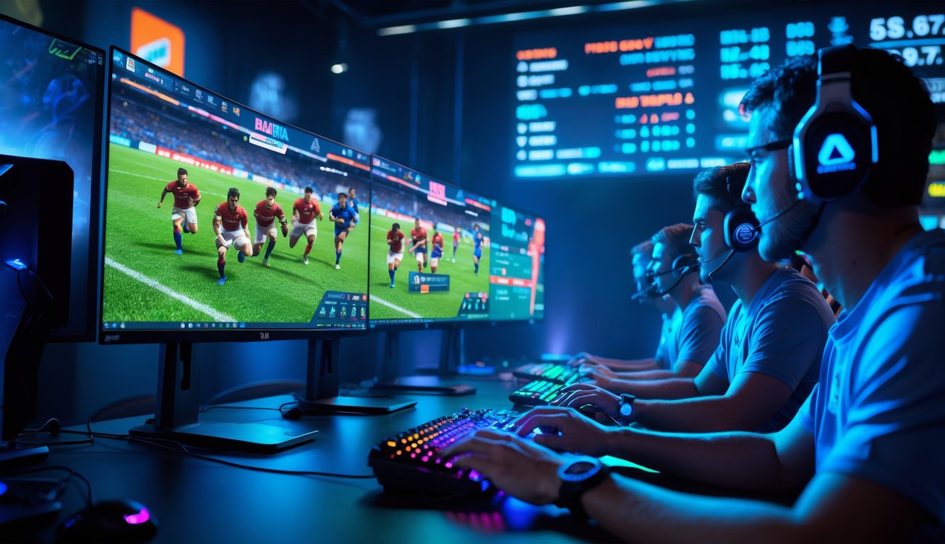Sejumlah pemain esports sedang fokus bermain permainan rugby virtual dengan layar komputer dan peralatan gaming di meja.