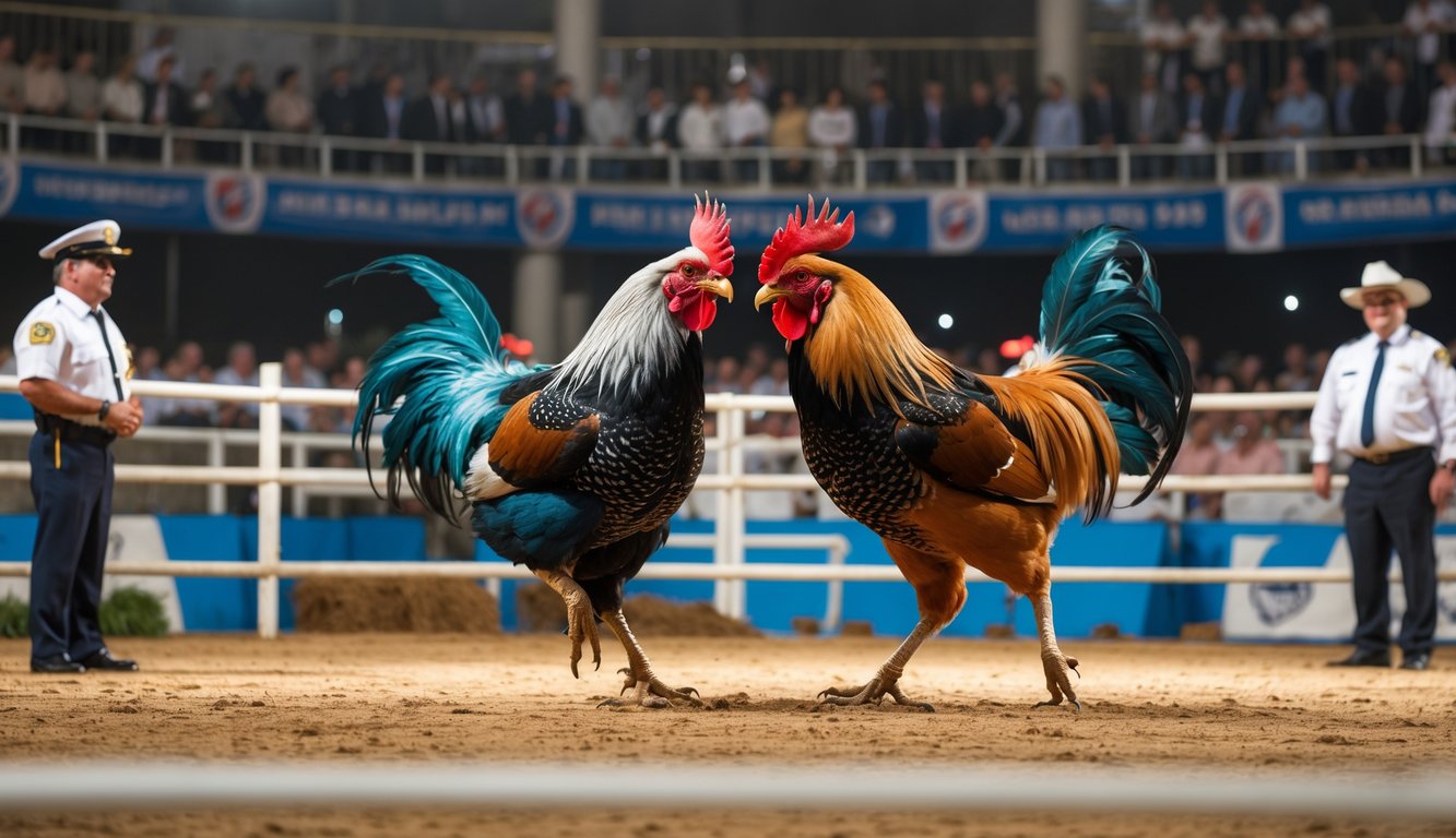 Dua ayam jago sedang bertarung di arena dengan penonton dan petugas yang mengawasi acara.