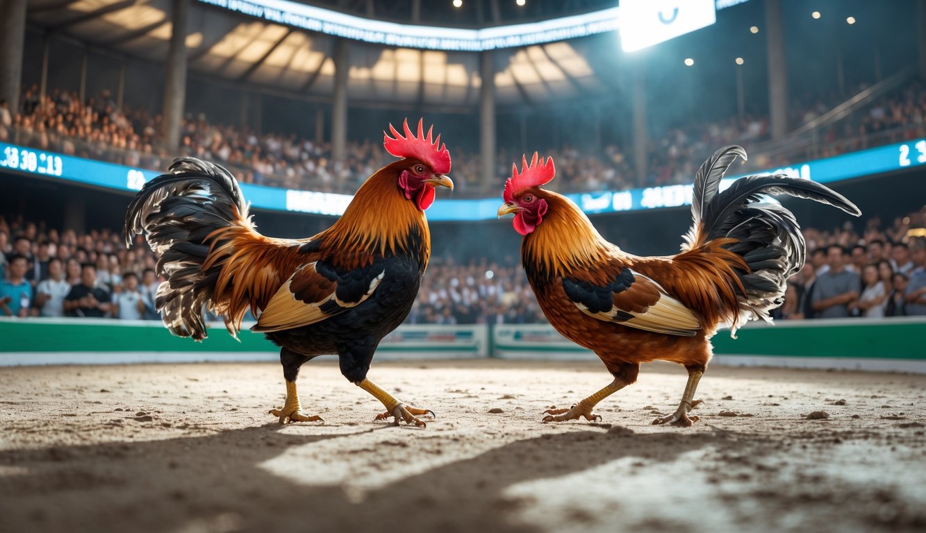 Dua ayam aduan sedang bertarung di arena dengan penonton yang antusias di sekitarnya.
