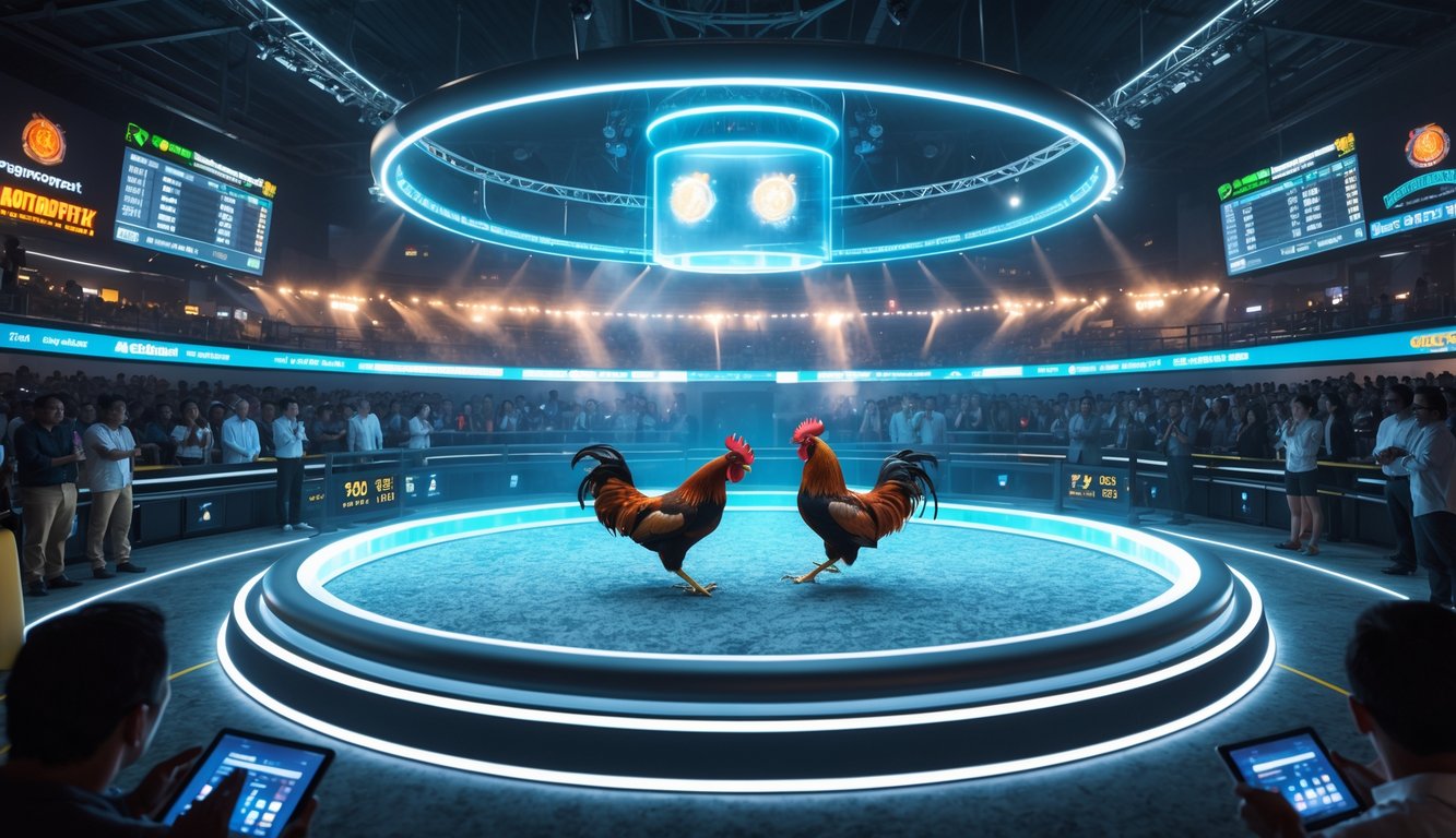 Arena sabung ayam modern dengan dua ayam bertarung di dalam ring digital futuristik, dikelilingi penonton yang menggunakan perangkat elektronik.
