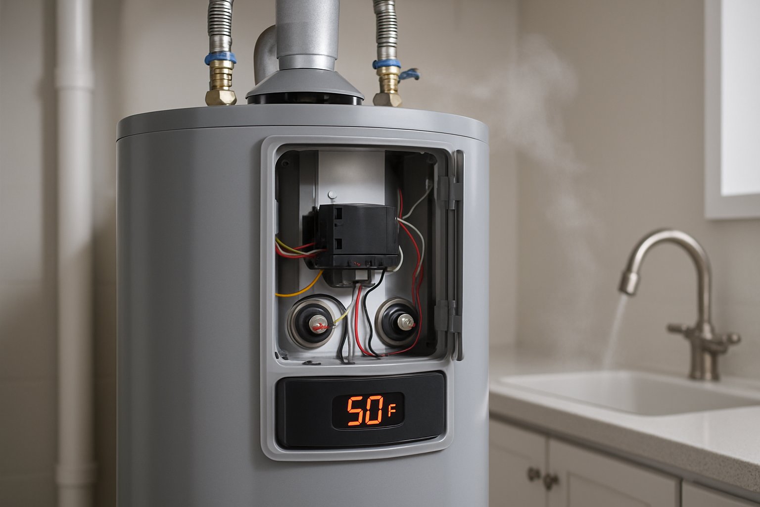 A modern hot water heater with its panel open showing internal parts and a low temperature reading, indicating it is running out of hot water.