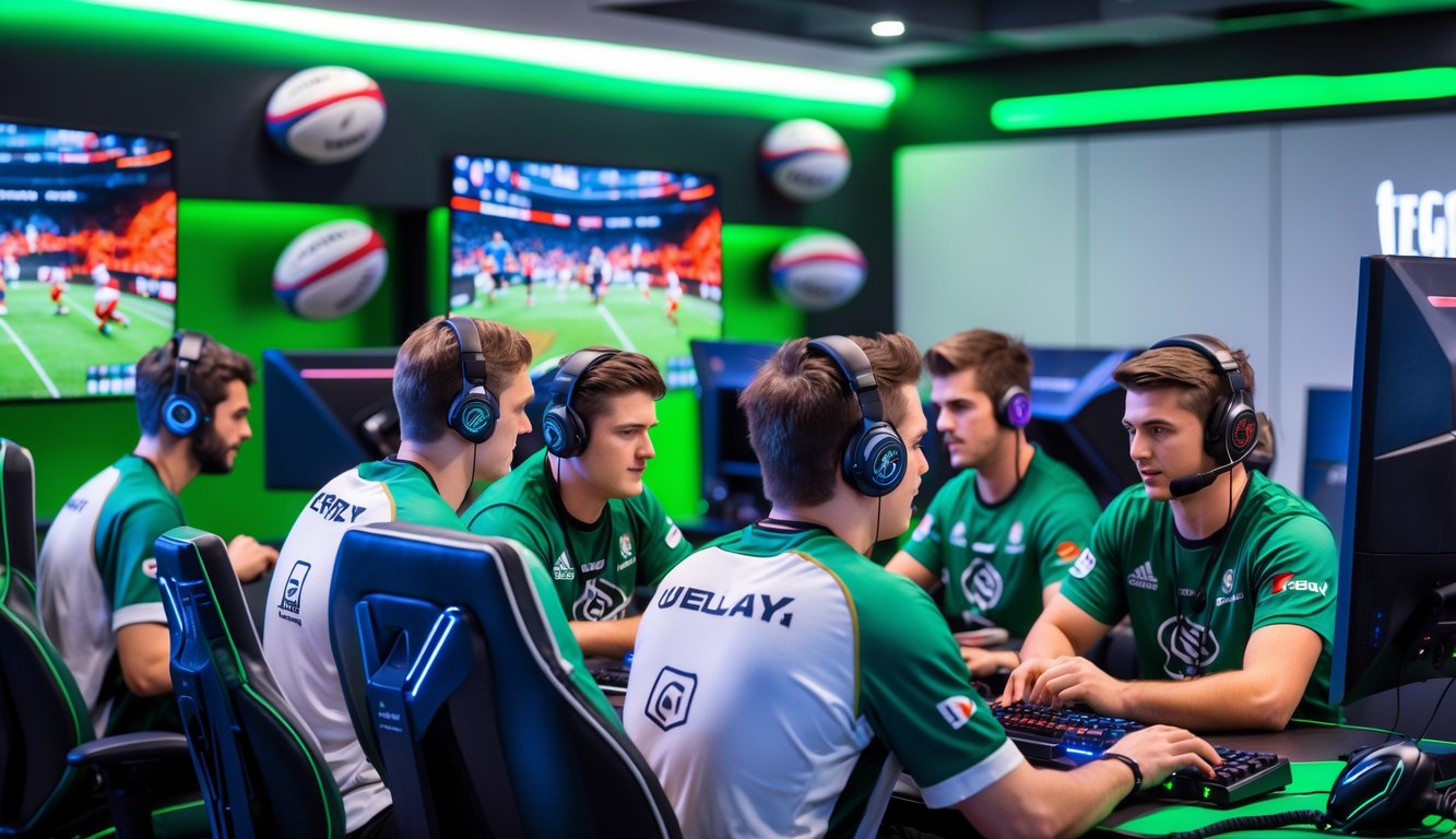 Sekelompok pemain esports sedang bermain game rugby di ruang permainan dengan monitor dan perlengkapan gaming.
