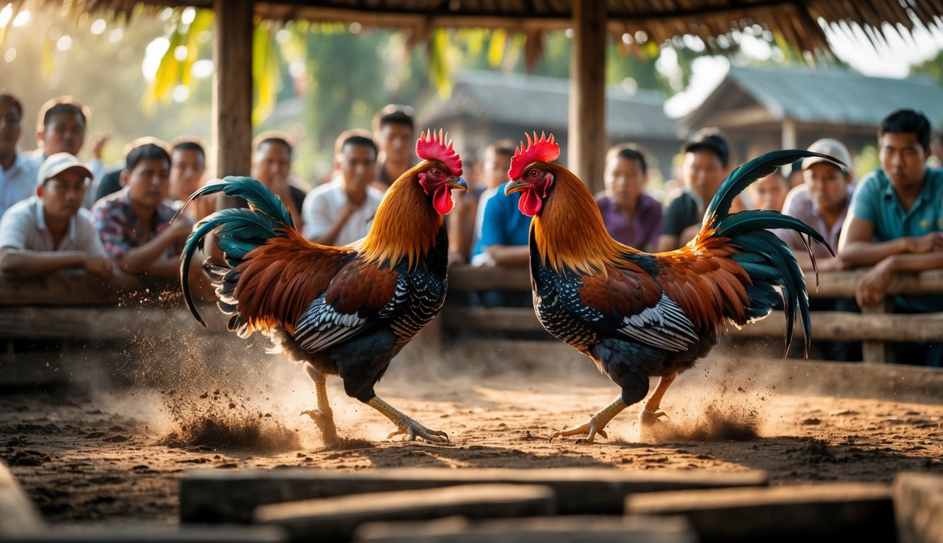 Dua ayam jago beraksi di arena sabung ayam dengan penonton yang memperhatikan di latar belakang.