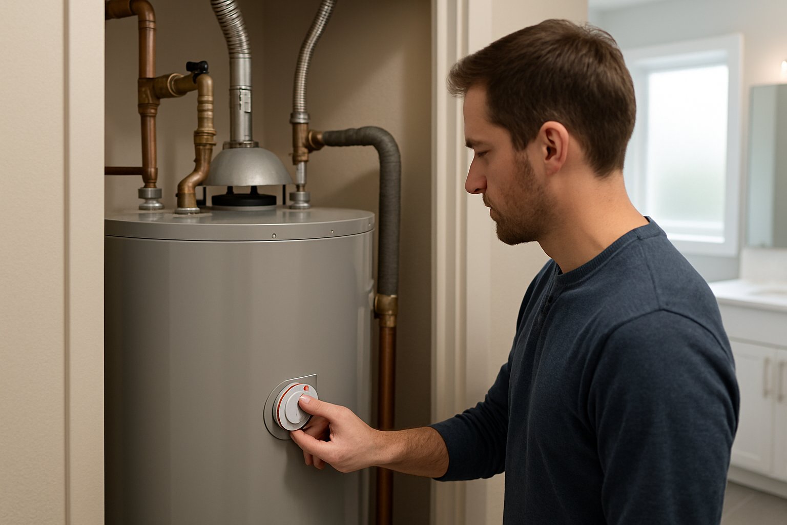A person inspecting a hot water heater in a clean residential utility closet with visible pipes and valves.