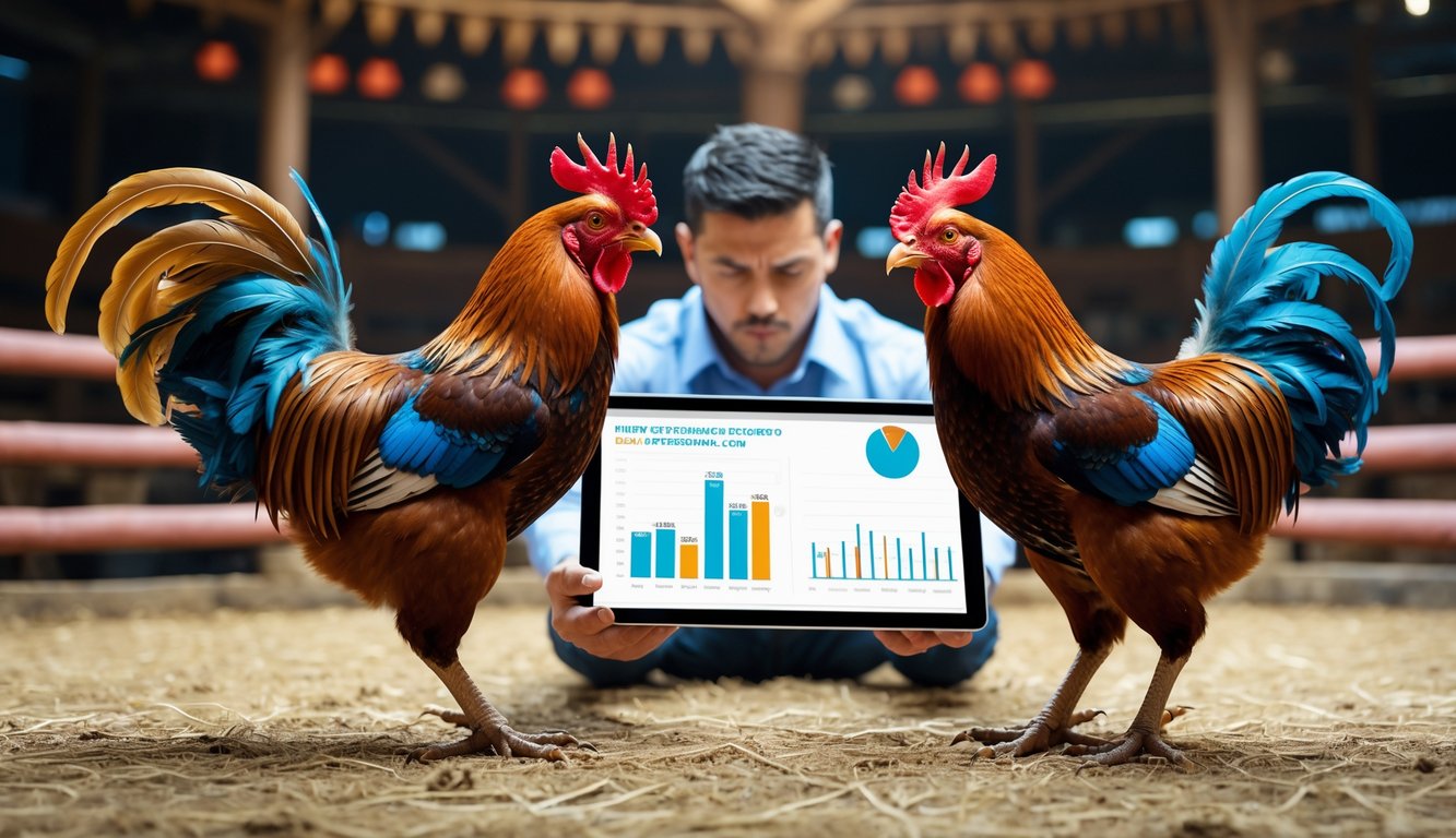 Dua ayam jago yang kuat saling berhadapan di arena sabung ayam dengan seorang analis yang fokus memeriksa data pada tablet di latar belakang.