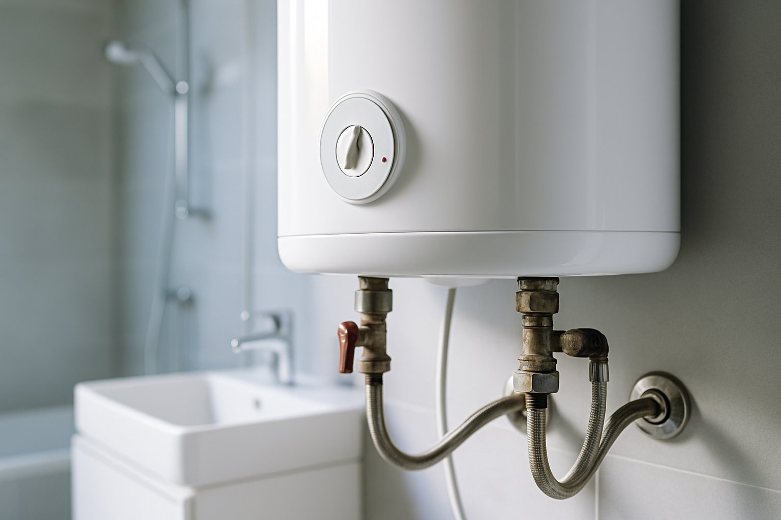 Close-up of a modern hot water heater with visible pipes and valves in a bathroom or utility room.