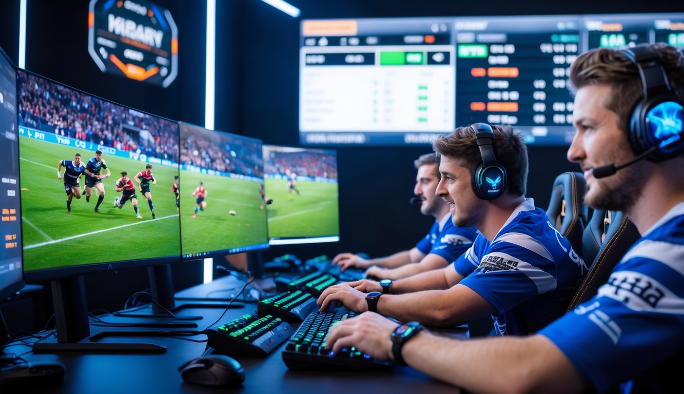 Beberapa pemain esports sedang bermain pertandingan rugby di depan layar komputer dengan suasana studio modern.