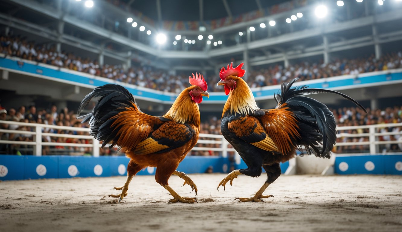 Dua ayam jago sedang bertarung di arena dengan penonton ramai di latar belakang.