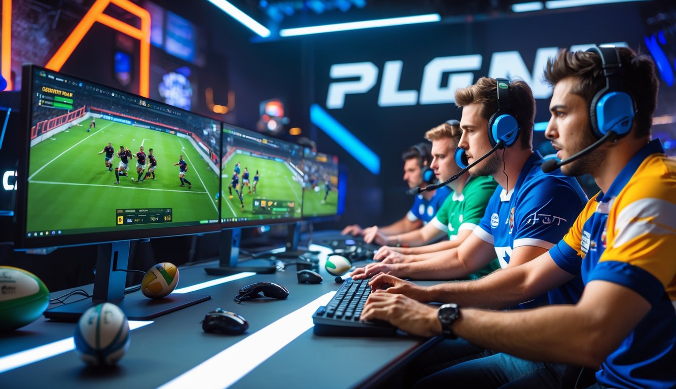 Beberapa orang muda bermain game rugby esports di arena dengan peralatan gaming modern dan suasana kompetitif.