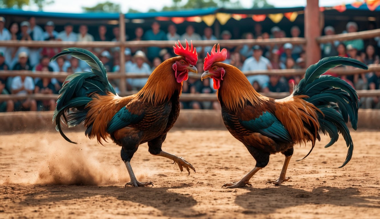 Dua ayam jantan sedang bertarung di arena sabung ayam dengan penonton yang antusias di sekitar.