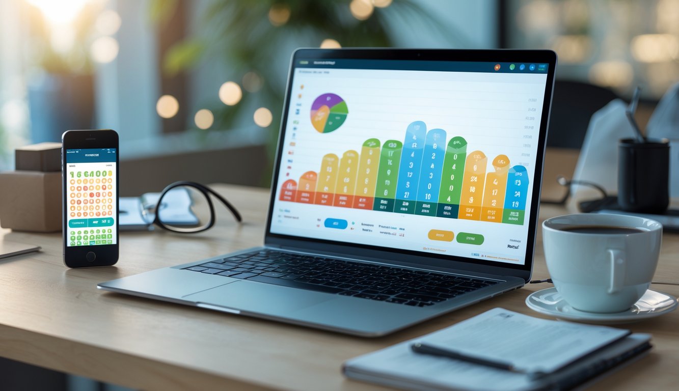 Meja kerja modern dengan laptop dan ponsel yang menampilkan antarmuka permainan togel online, dilengkapi dengan cangkir kopi dan alat tulis.